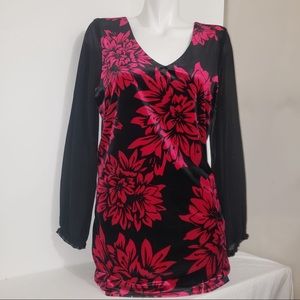 M&Co Ruby Red Floral Black Velvet Long SleeveDress